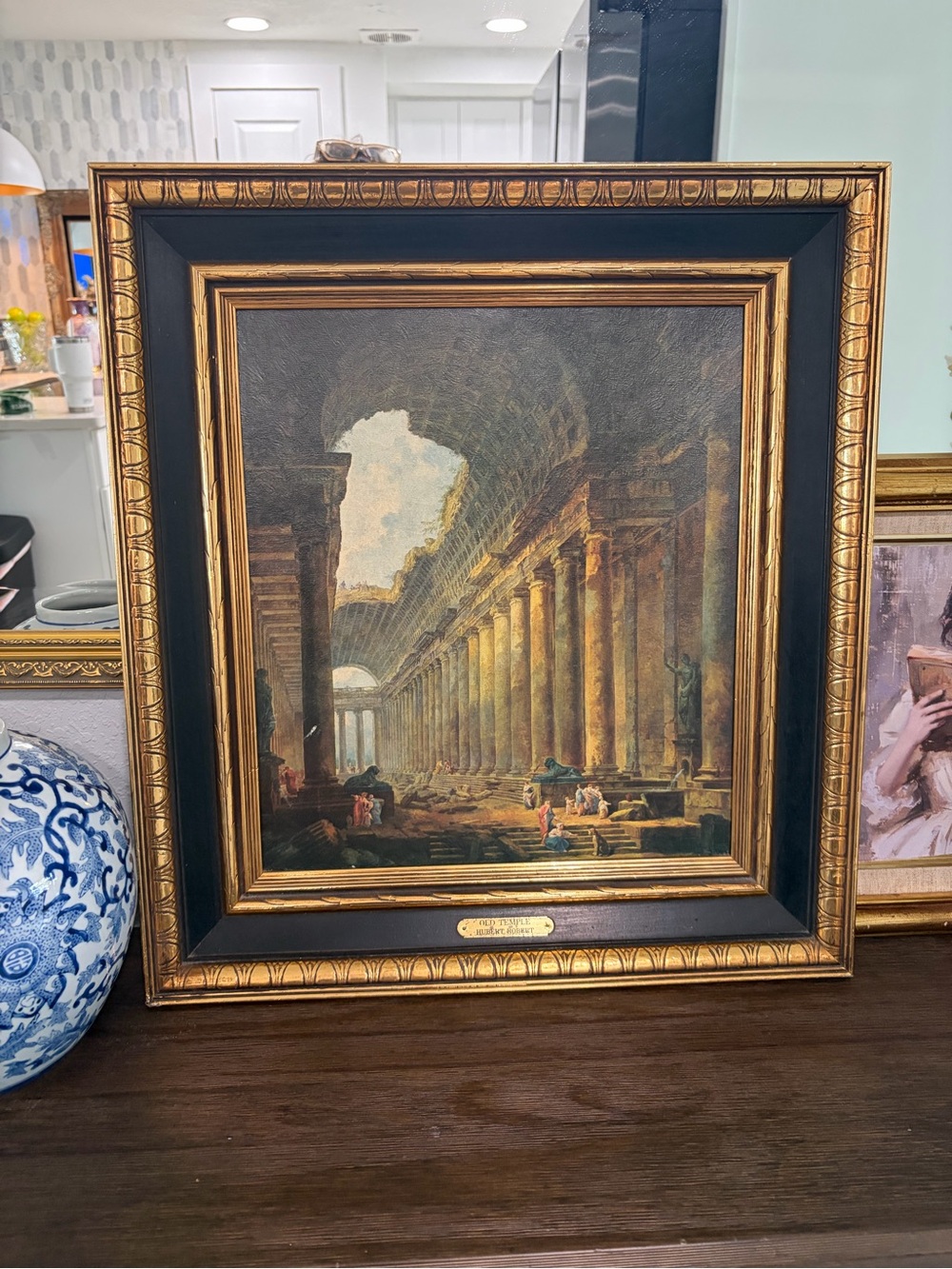 Framed Classical of the old Temple Painting by Robert Hubert in Gold and Black